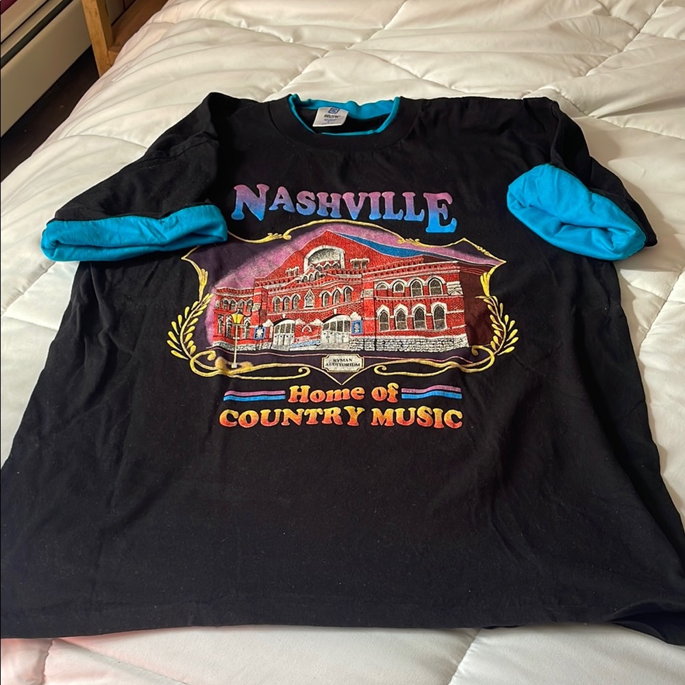 Nashville 'Home of Country Music' Black & Teal Adult Large Graphic Tee Vintage